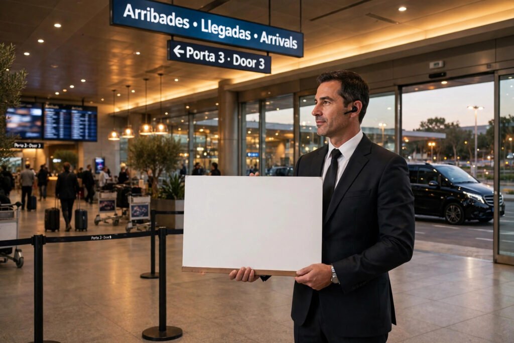 Private Barcelona airport transfer chauffeur greeting passengers at arrivals