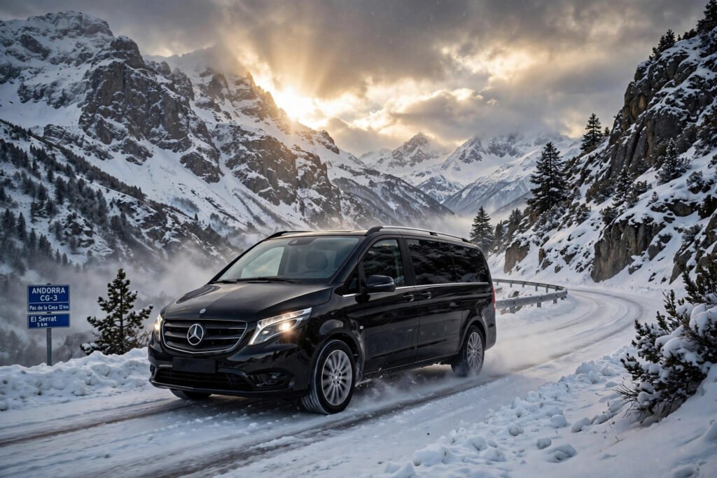 Private Barcelona to Andorra transfer chauffeur service snowy mountain van