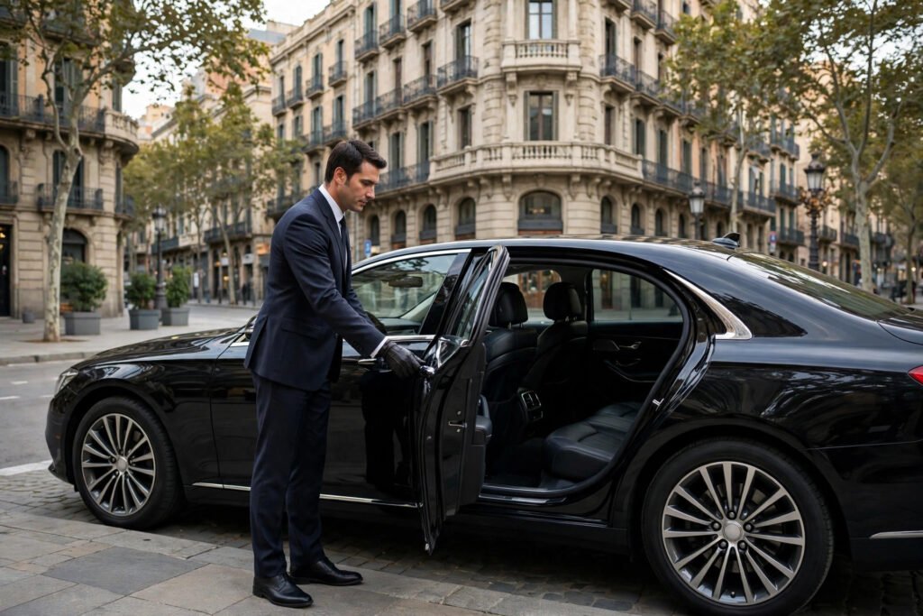 Chauffeur opening door of luxury car in Barcelona